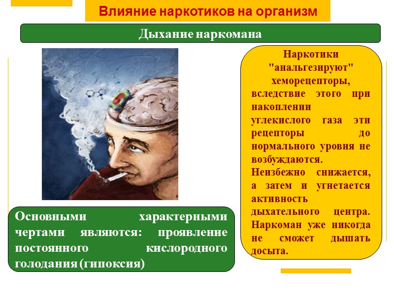 Влияние наркотиков на организм Дыхание наркомана Основными характерными чертами являются: проявление постоянного кислородного голодания